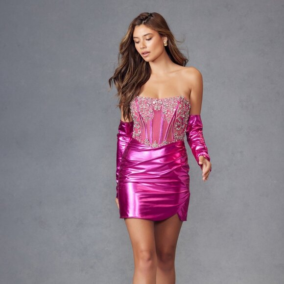 NEW FORMAL STRAPLESS COCKTAIL BODYCON BEADED DRESS W/ REMOVABLE SLEEVES JT938R - Picture 1 of 8